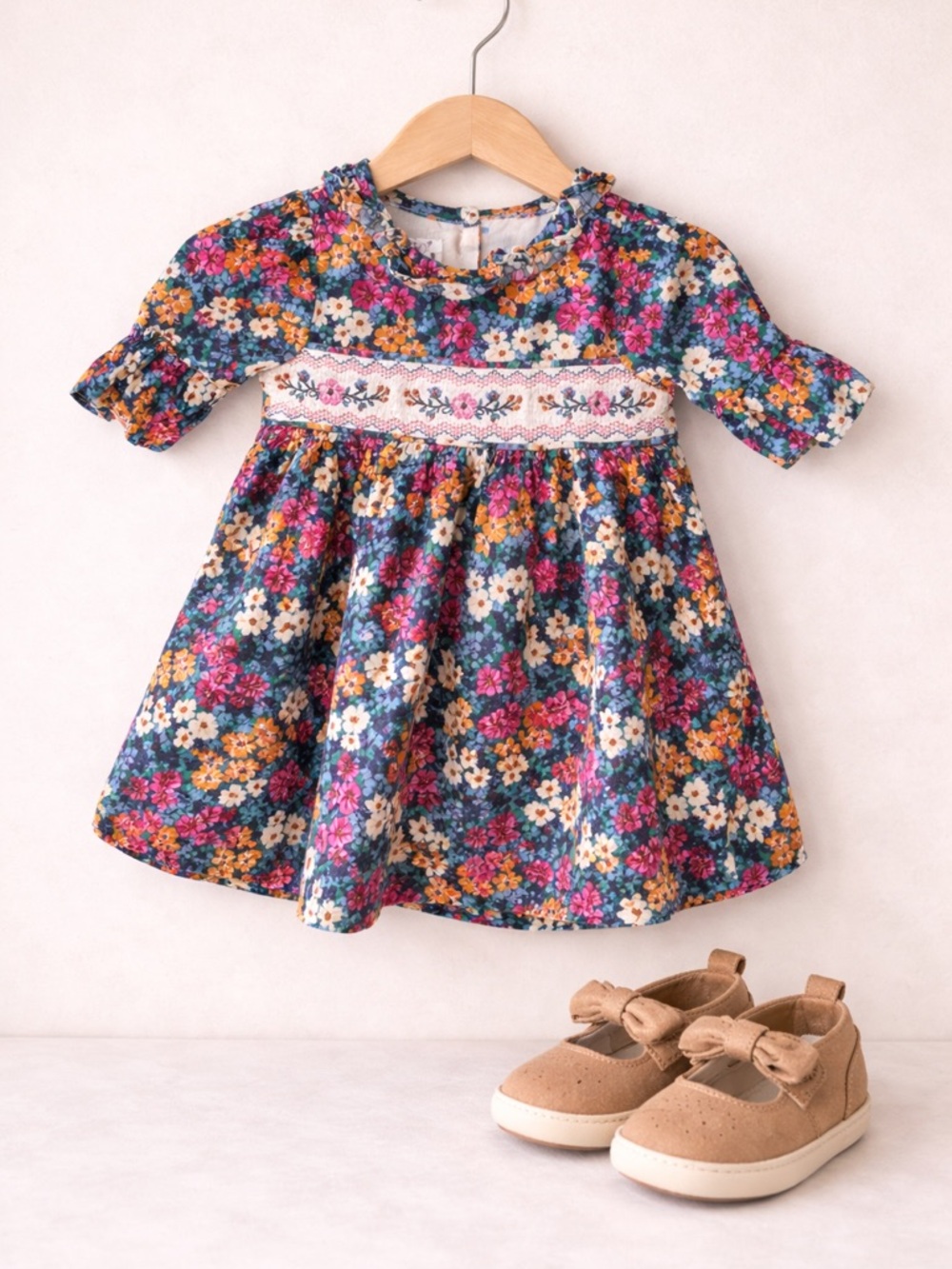 iris & ivy Floral Smocked Girls Dress in Teal, Pink, Yellow, White